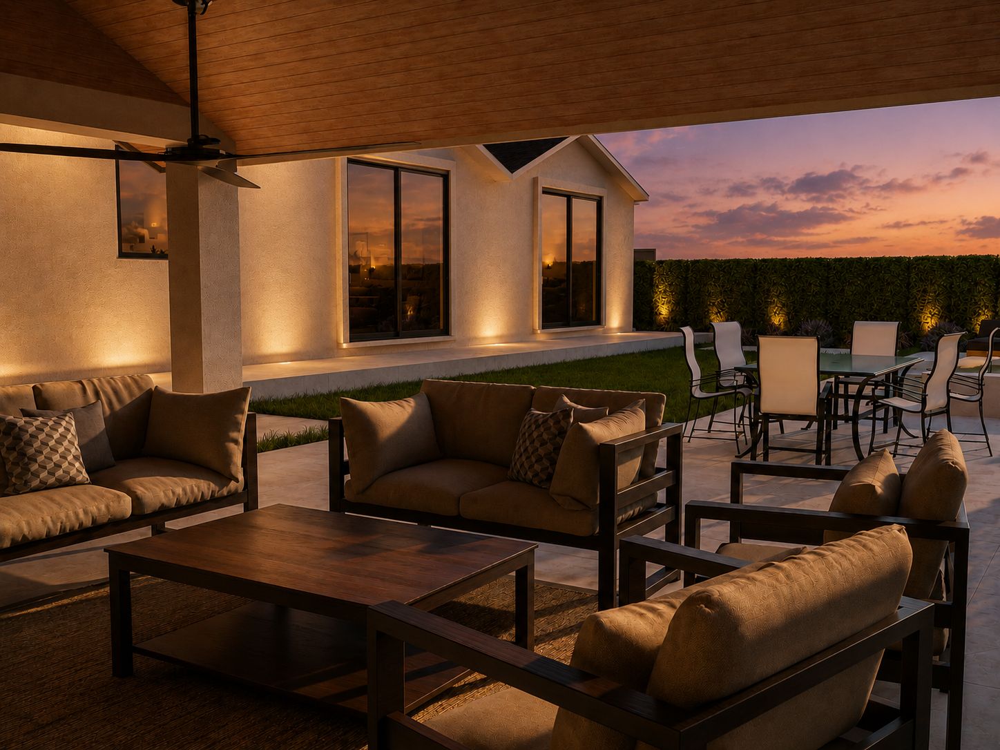 Twilight visualization of a covered patio with warm landscape lighting, lounge seating, dining area, lawn, and a sunset sky in Downey.