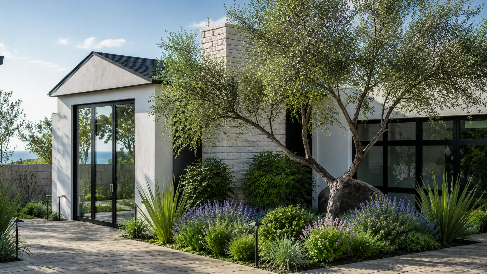Contemporary Newport Beach courtyard with olive trees, climate-appropriate planting, light masonry, and black-framed glass doors.