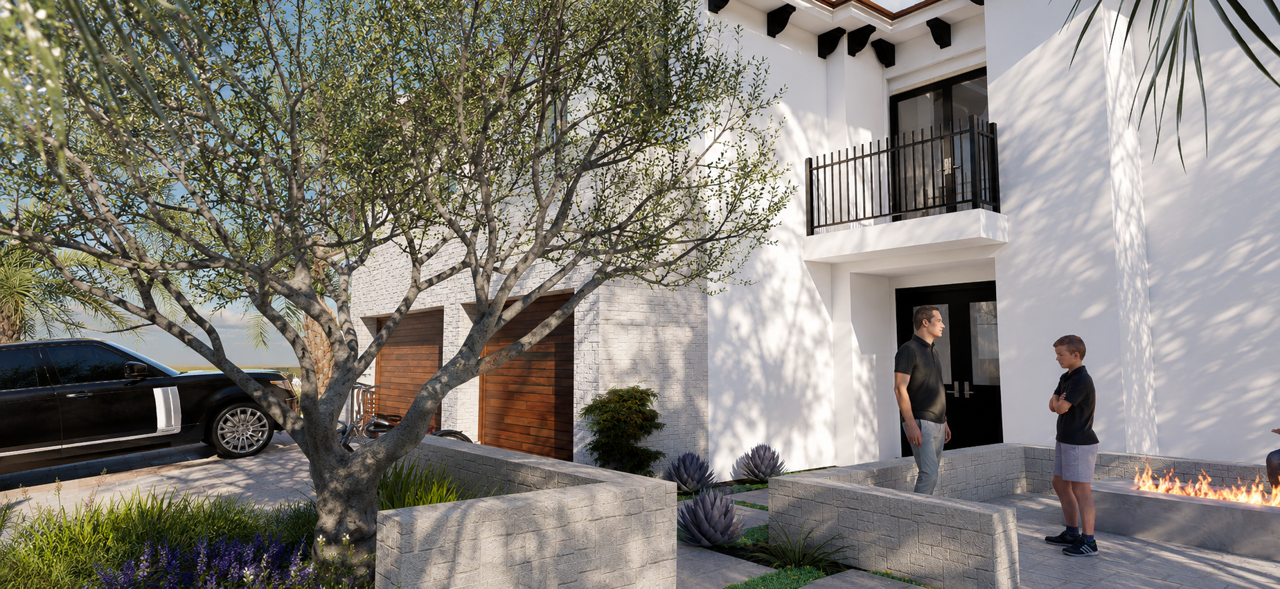 Modern Mediterranean front courtyard with olive tree, stone seat walls, concrete entry steps, fire feature, and layered water-wise planting.