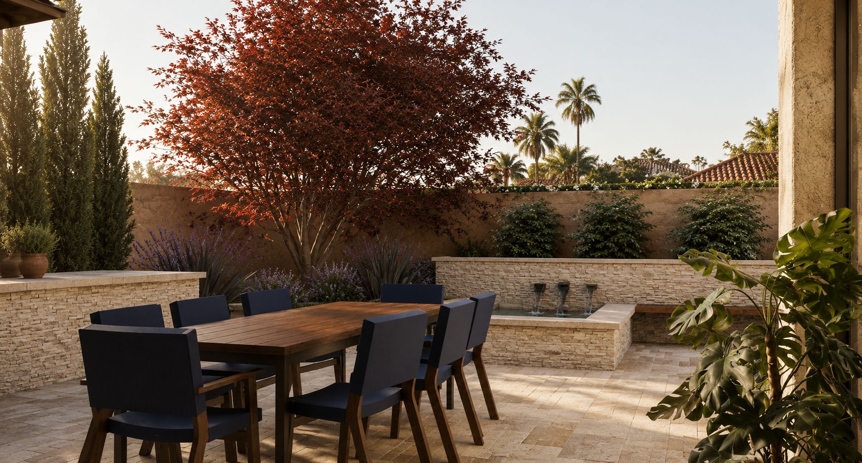 Visualization of a ledger-stone fountain wall with three water scuppers behind a wood dining table on a travertine terrace, with lavender and an accent tree in Huntington Beach.