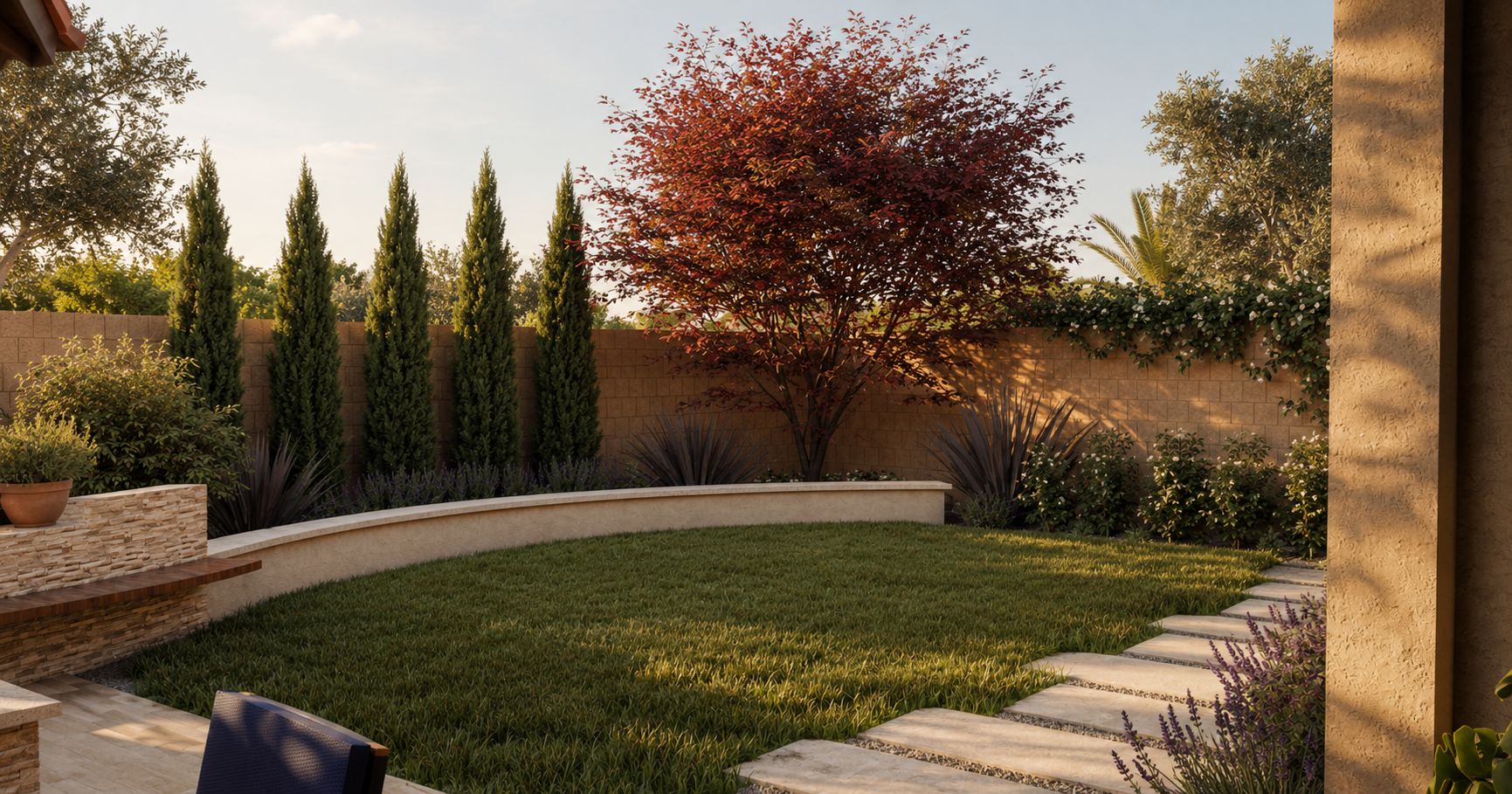Visualization looking out from a covered California Room across a curved stucco seat wall, turf lawn, stepping stones, cypress, and a red-leafed accent tree in Huntington Beach.