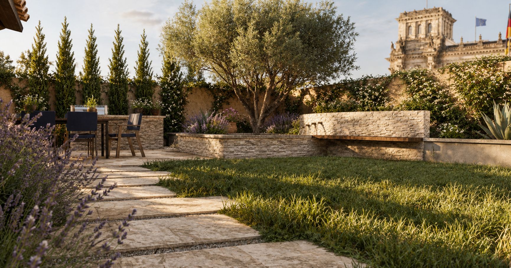 Visualization of a stone-paver dining terrace with table seating, lavender planting, an olive tree, ledger-stone seat wall, and turf lawn in a Huntington Beach backyard.