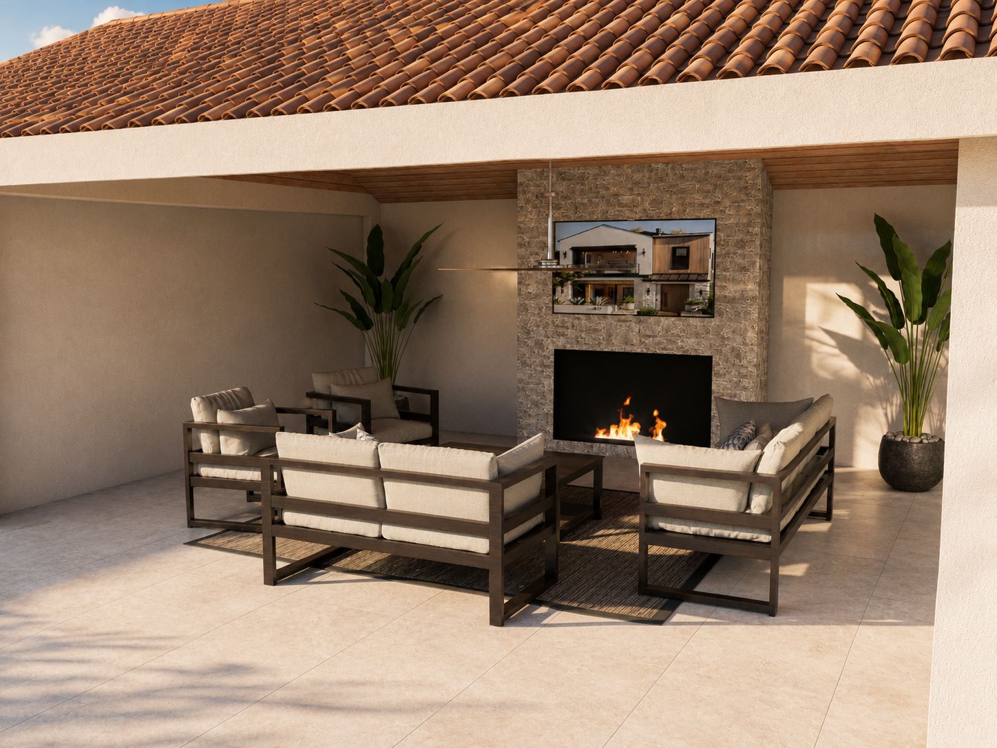 Outdoor fireplace lounge with stacked stone surround, mounted television, contemporary lounge seating, and sculptural planting under a covered patio.