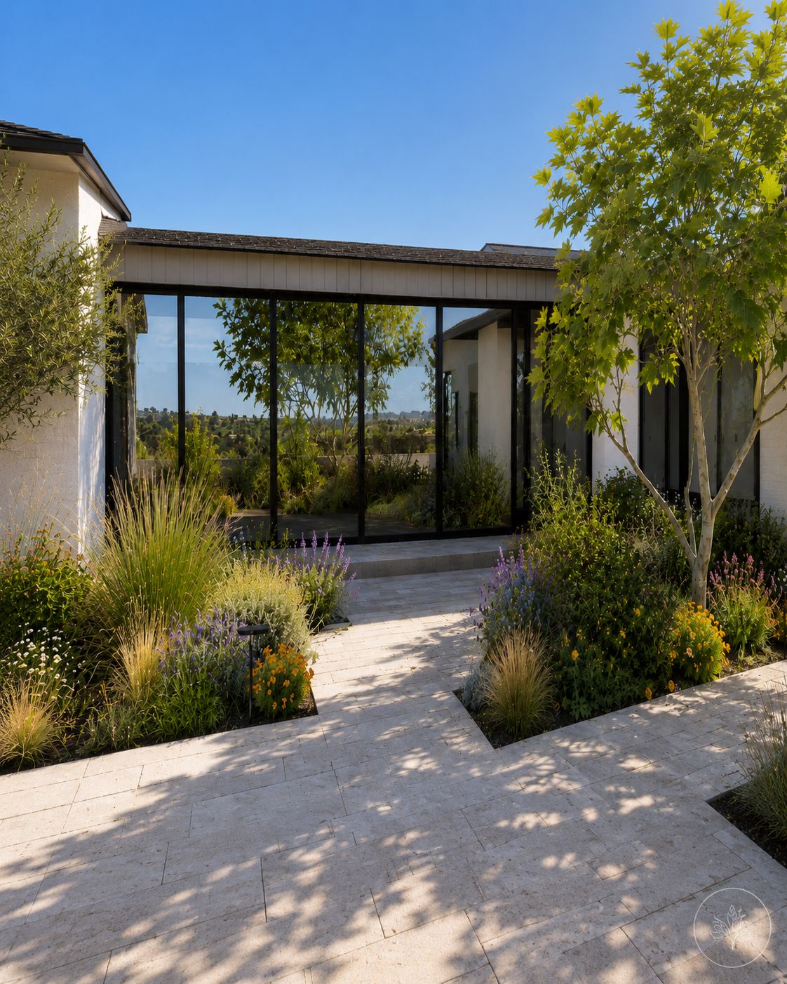 Golden-hour entry courtyard with a feature tree, stone seating, water element, architectural planting, and landscape lighting.