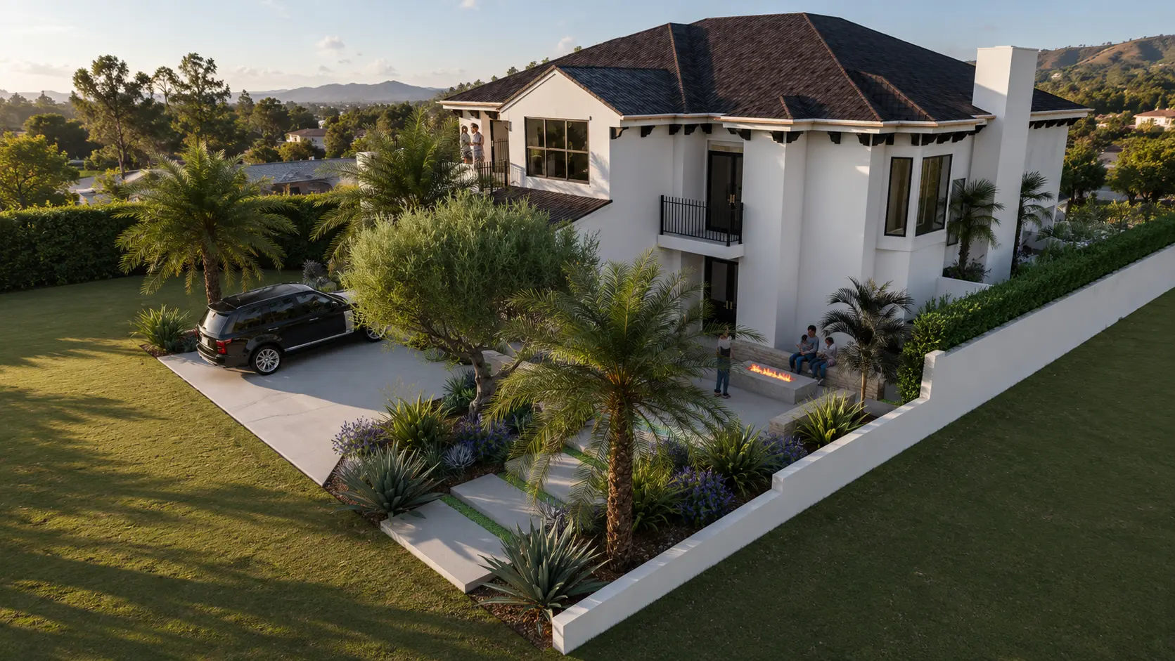 Photorealistic evening visualization of the Dove Canyon Family Retreat showing the remodeled home, landscape lighting, and Modern Mediterranean planting.