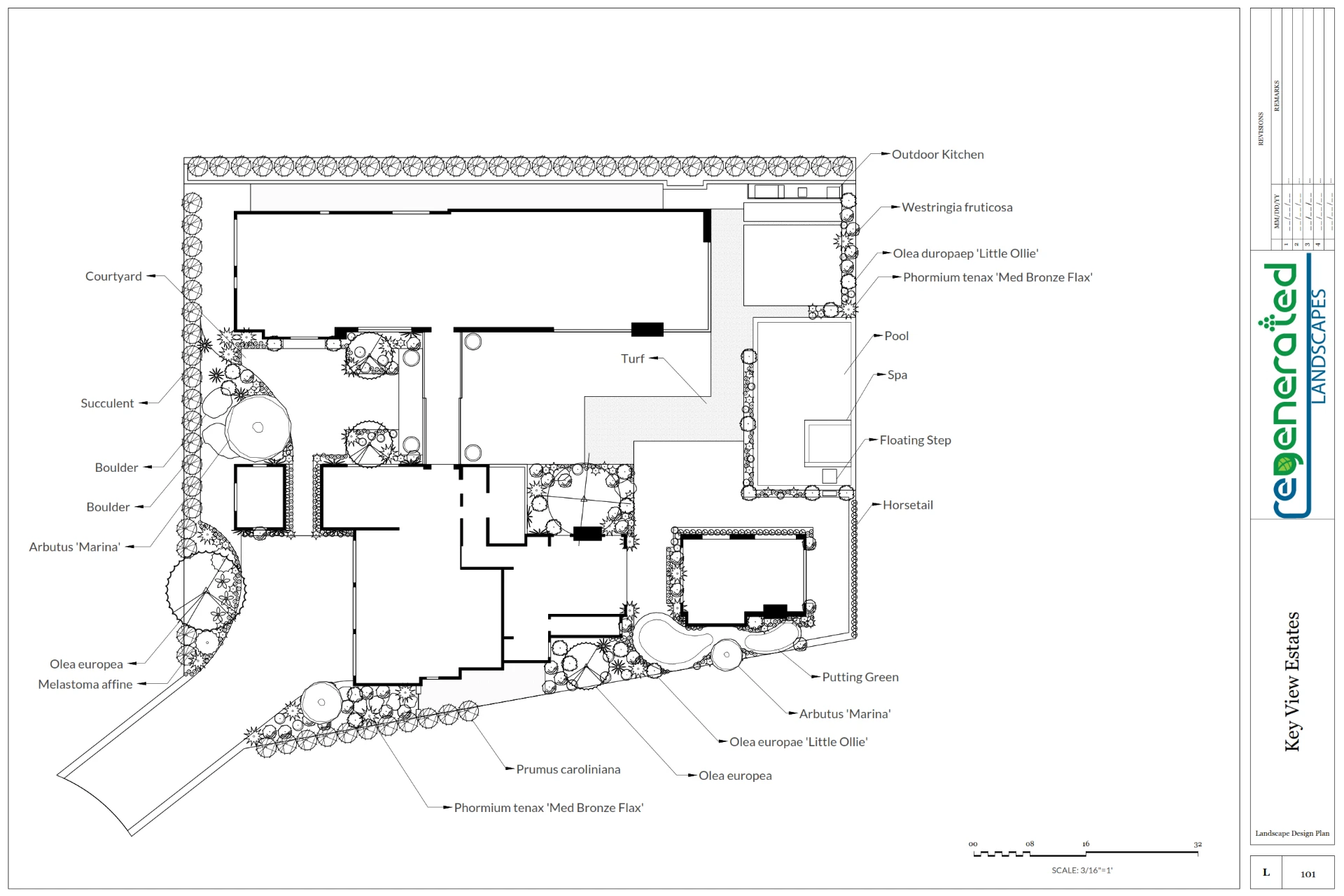 Landscape master plan for Newport Beach View Estate showing the entry courtyard, pool and spa, outdoor kitchen, putting green, roof deck, planting, and circulation.