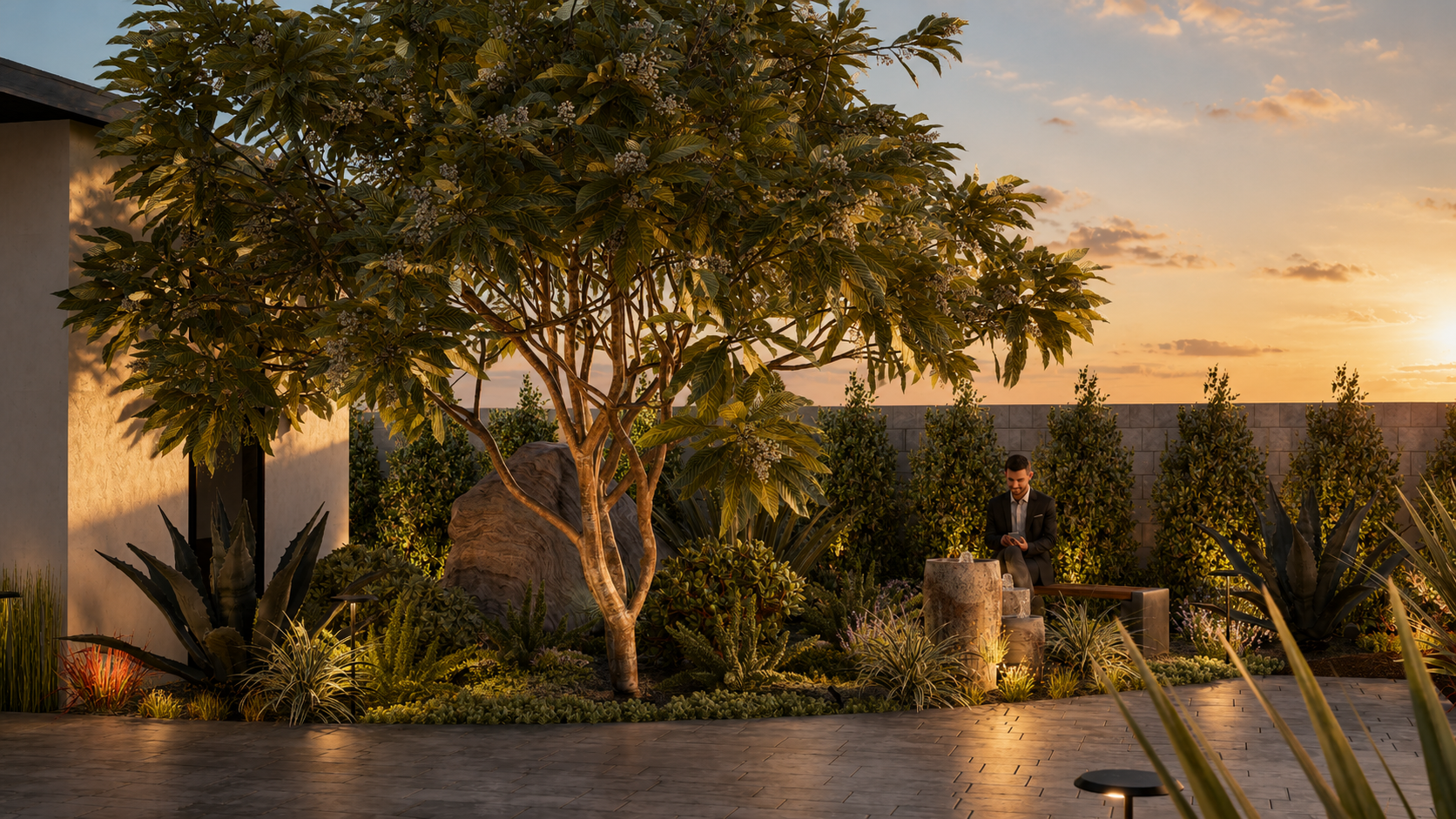 Evening entry courtyard with landscape lighting, architectural boulders, seating, layered planting, and a water feature.