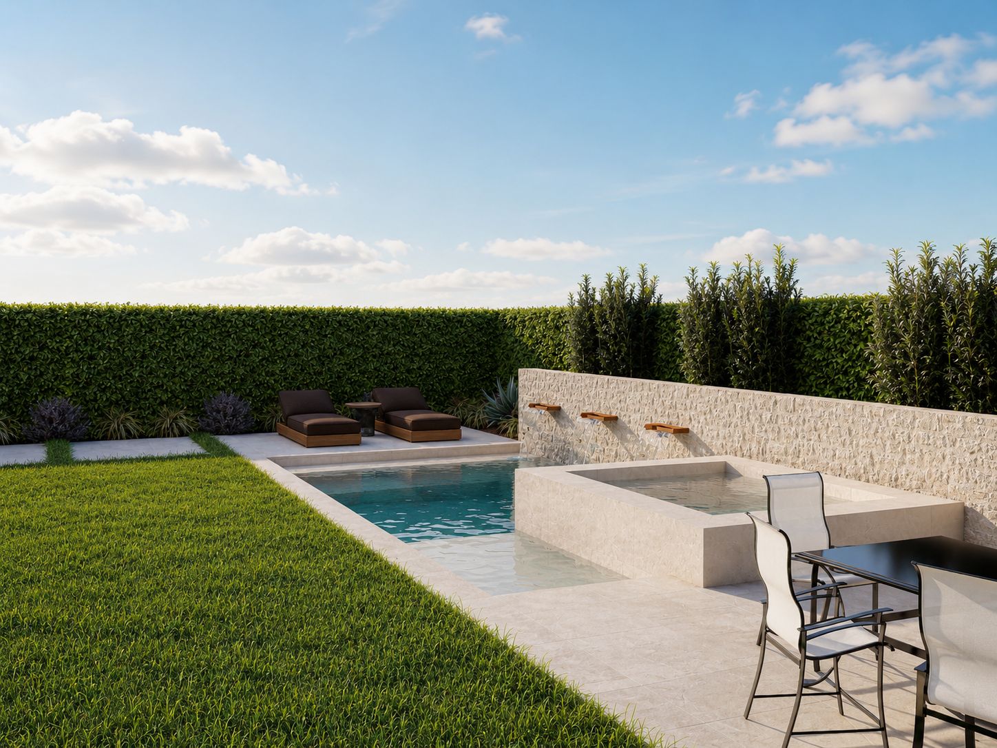 Contemporary pool with a raised spa, stone scupper water wall, sun loungers, lawn, and evergreen hedge screening in a Downey backyard.