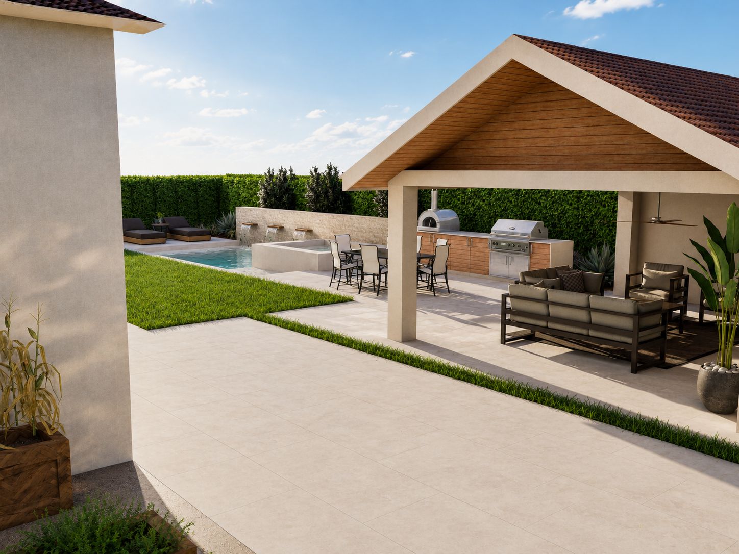 Wide visualization of the Downey backyard layout showing the covered patio, outdoor kitchen, dining area, turf-banded paving, lawn, pool, and spa.